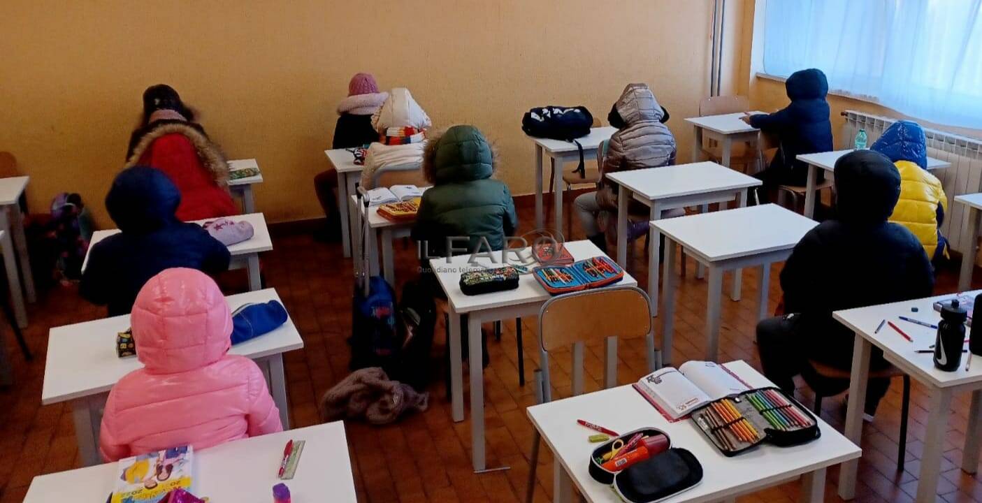 bambini in classe al freddo